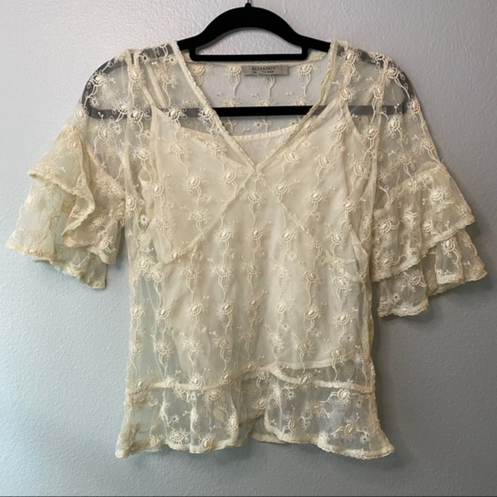 All Saints Sheer Lace Top Lula Nisha Top cream color size 4 - Picture 11 of 12